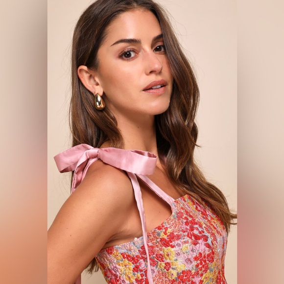 LULUS Ellarina Pink Multi Metallic Tie-Strap Two-Piece Midi Dress XS - Picture 5 of 11